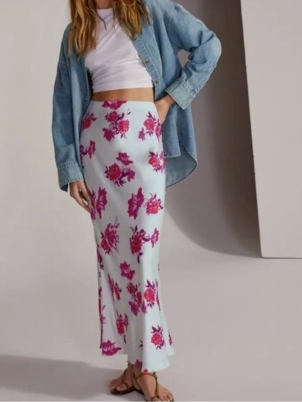 Favorite Daughter Light Blue Maxi Skirt with Pink Floral Print